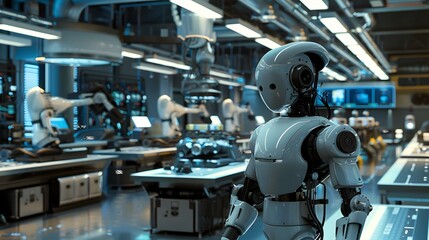 Futuristic robot in advanced technology lab, surrounding equipment and screens highlight modern innovation and artificial intelligence.