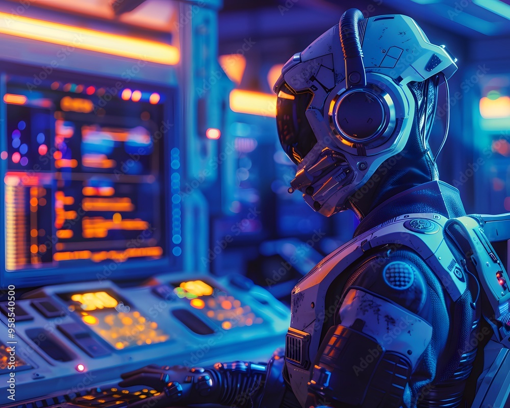 Poster futuristic scene with a person in advanced spacesuit working on a high-tech computer, surrounded by 