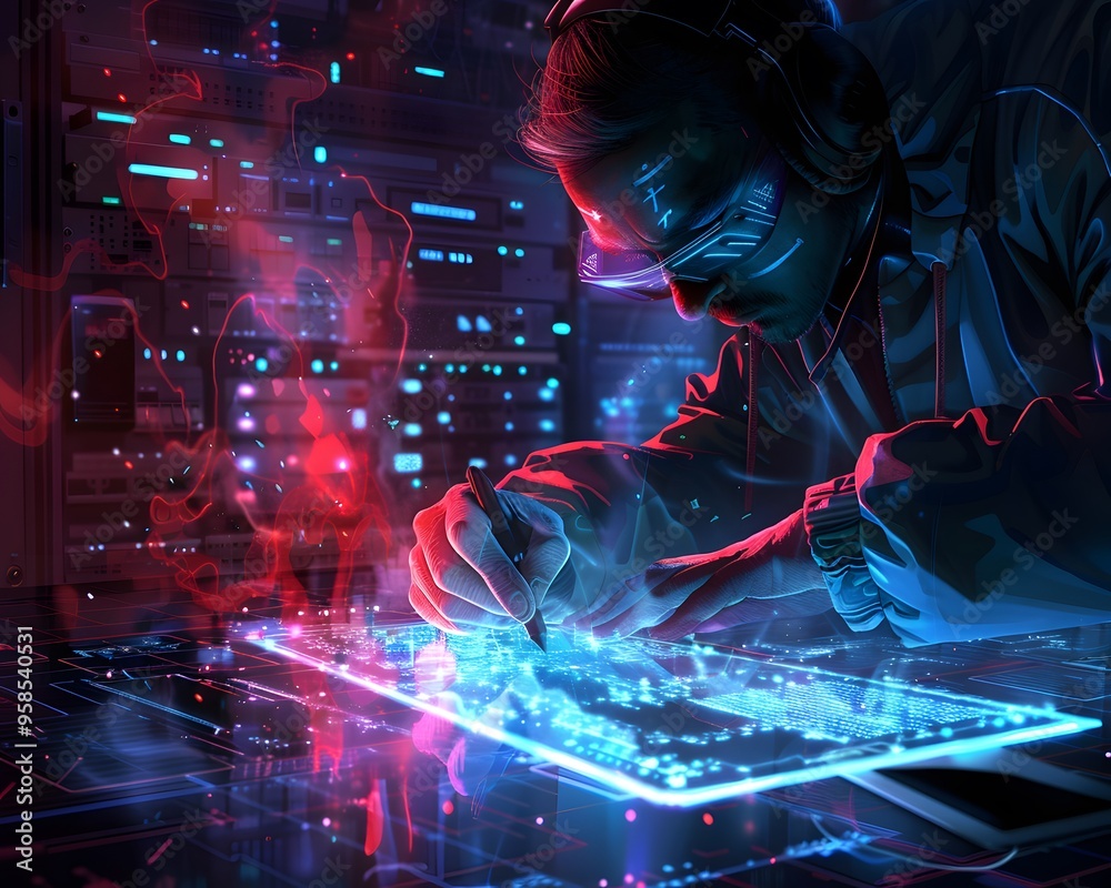 Poster futuristic scene with an engineer working on a digital touchscreen interface, surrounded by glowing 