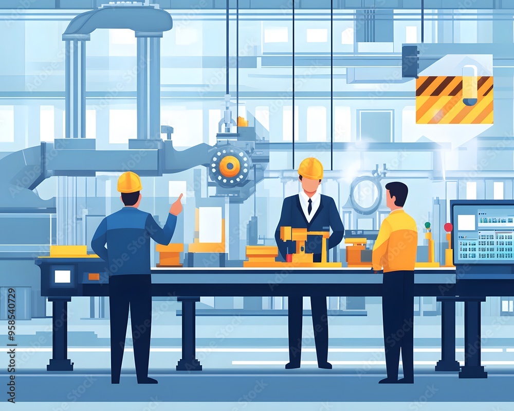 Poster engineers working in a high-tech industrial factory with advanced machinery, discussing automation p