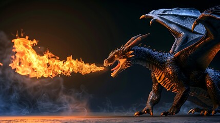 A fearsome black dragon with orange flames shooting from its mouth.