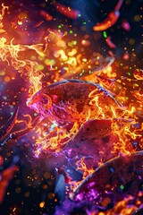 Fototapeta premium flyer of mexican tacos party, use neon colors, explosion of colors and chillis, use cheetos hot, uhd, 8k, use red and orange colors generative ai