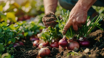 People growing onions and coriander People pick coriander onions in a beautiful garden.