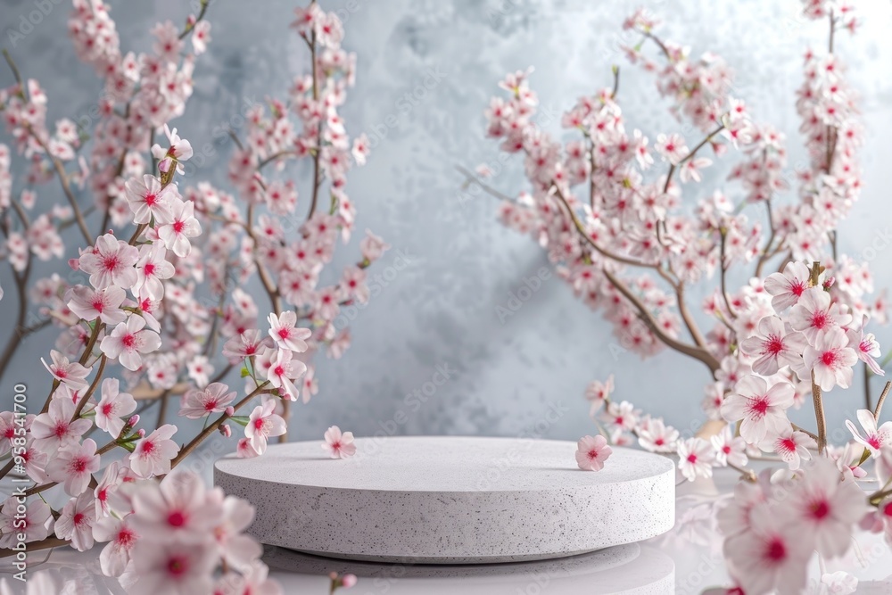 Wall mural product podium with cherry blossoms flower nature plant.