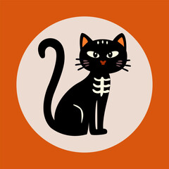  Halloween Black Cat Skeleton Illustration , All Saints Day Eve Sticker, Badge or Poster Vector