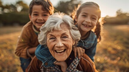 Fototapeta premium Elderly woman in brown sweater with grandkids in striped and yellow shirts, smiling joyfully in sunny park field; showing happy, close bond.