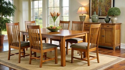 The mission-style dining set features long, sturdy legs and warm, golden-brown tones, combining to create a striking