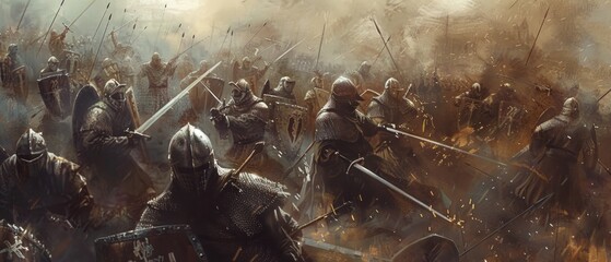 Historical battle scene depicting Marco Polo war wagons in combat with armored knights on horseback. Tense atmosphere, soldiers ready for imminent confrontation.