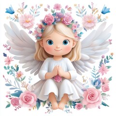 Fototapeta premium A charming angelic figure with wings, adorned with flowers, radiates sweetness and grace in a whimsical floral backdrop.