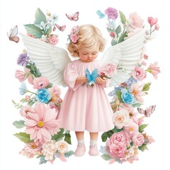 Fototapeta premium A charming angelic girl in a pink dress holds a butterfly among a beautiful floral arrangement, evoking innocence and beauty.