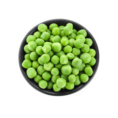 Fresh green peas in bowl isolated on white, top view