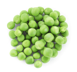 Pile of fresh green peas isolated on white, top view