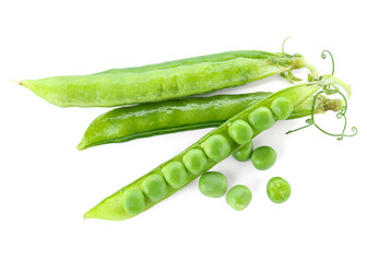 Green fresh peas and pods isolated on white, top view
