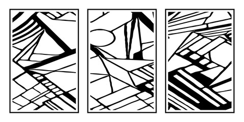 Set of 3 Abstract black and white pattern. For use in graphics. Minimalist illustration for printing on wall decorations