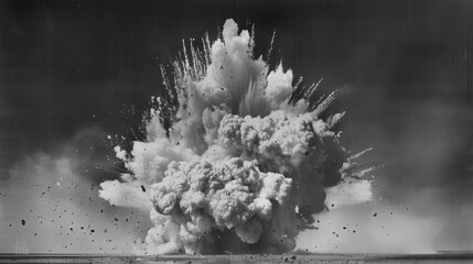 A photo shows an explosion with a conical cloud of smoke and debris, no people or structures nearby, suggesting an open field location.