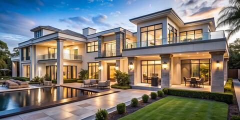 The modern mansion boasts extensive renovations, showcasing a cutting-edge kitchen, sleek bathrooms, and lavish living