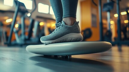 Fototapeta premium A close-up of a persons feet on a balance board in the gym, with other exercise equipment nearby.