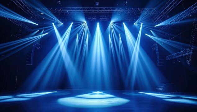 There is a stage that has numerous blue lights illuminating it - Powered by Adobe