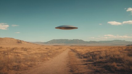 Mysterious UFO Hovering Over Desert Landscape with Mountains