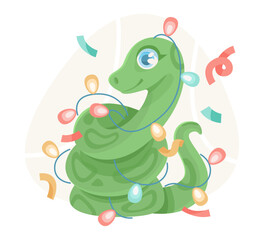 Cartoon snake wrapped in festive string lights