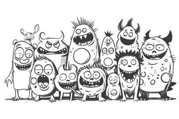Obraz premium coloring Black and white cartoon illustration of a group of funny and quirky monsters