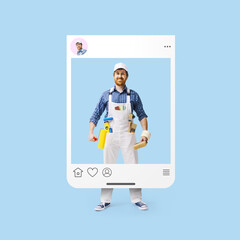 Professional house painter sharing a social media post © StockPhotoPro
