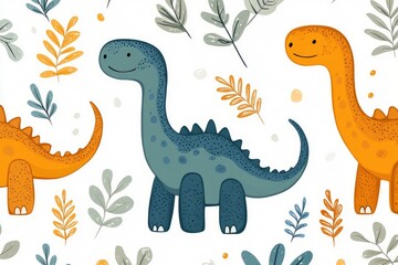 Cute smiling dinosaurs walking among tropical plants seamless pattern