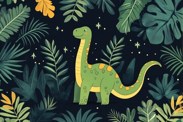 Fototapeta premium Cute green brachiosaurus dinosaur standing in tropical forest at night
