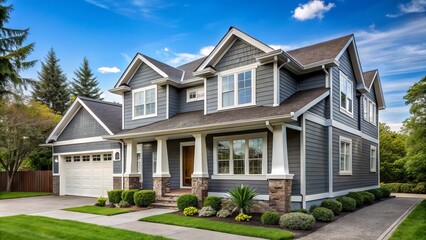 The renovated modern home sits proudly on its corner lot, its white trim and grey siding creating a