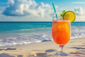 Tropical cocktail standing on white sand beach with turquoise sea background