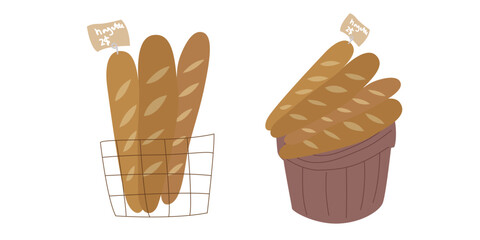 French baguettes vector in a wicker basket with a price tag in flat style. Baked traditional bread. Baguette for bakery menu design