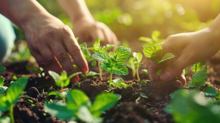 Fototapeta premium People plant cabbage flowers in a beautiful garden.