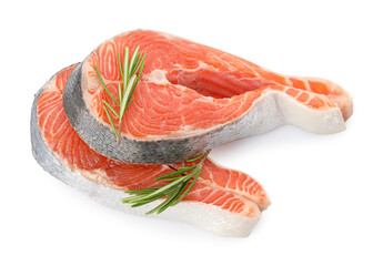 Two fresh salmon steaks and rosemary isolated on white, above view