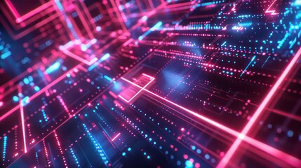 Naklejka premium Abstract background with glowing neon pink and blue lines, dots, and squares on a black background.