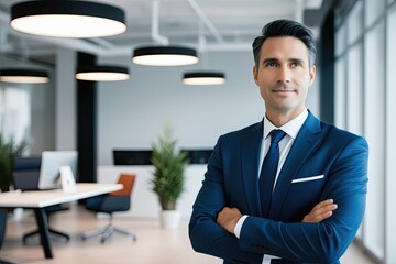 Fototapeta premium Optimistic 45-Year-Old Business Owner Looking Ahead in Modern Office Environment