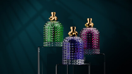 Front view expensive perfume as a present on the dark background