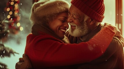 An elderly couple joyfully hugging by a beautiful Christmas tree