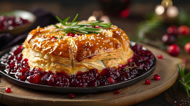 Brie en crote with Cranberry Sauce Flaky Pastry and Creamy Cheese Festive Appetizer