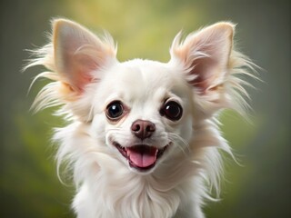This adorable chihuahua is a ball of fluff, sporting a soft white coat and a gentle demeanor, with
