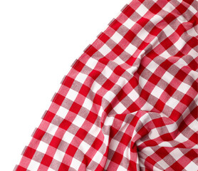 Crumpled checkered tablecloth isolated on white, top view