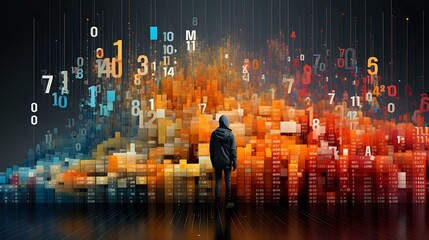 Fototapeta premium Digital futuristic landscape with solitary figure silhouetted against glowing numeric data streams and vibrant orange cityscape reflection, ideal for technology and urban innovation themes.