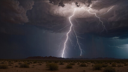 Worm eye view in the center of lightning storm over the desert