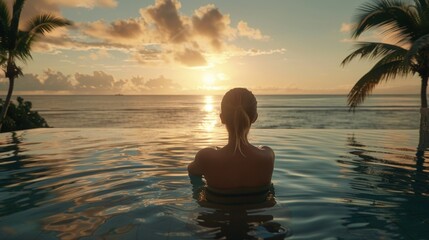 Fototapeta premium Perfect island view Woman relaxing in pool while gazing towards ocean