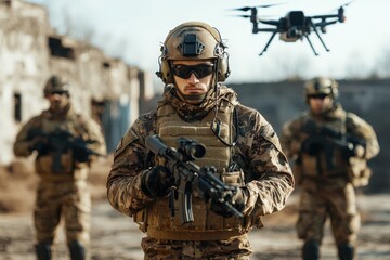 Fototapeta premium Military personnel in tactical gear operating drones, conducting reconnaissance and strategic operations amidst the ruins of an urban landscape, highlighting modern warfare methods.