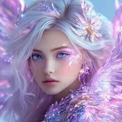 A mystical fairy with shimmering wings and enchanting features, surrounded by delicate floral accents and ethereal colors.