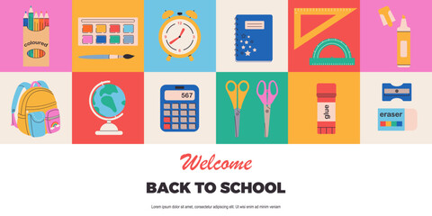 Bright school banner with stationery supplies and inscription welcome back to school. Various school elements: backpack, globe, calculator, alarm clock, colored pencils, paints. Vector illustration