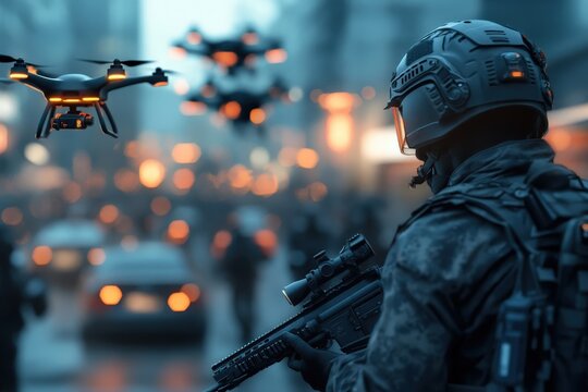 Armed soldier equipped with modern gear controlling multiple drones in a bustling urban vicinity, demonstrating advanced reconnaissance and strategic operations amidst city life.