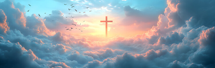 “A Large Cross Floating in the Clouds, Birds Flying Around in a Serene and Spiritual Scene” 