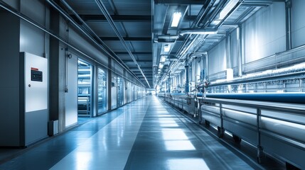 Fototapeta premium Modern Dairy Farm Interior with Automated Milking System and Cows 