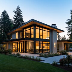 Fototapeta premium Newly built modern home with large windows and clean lines 